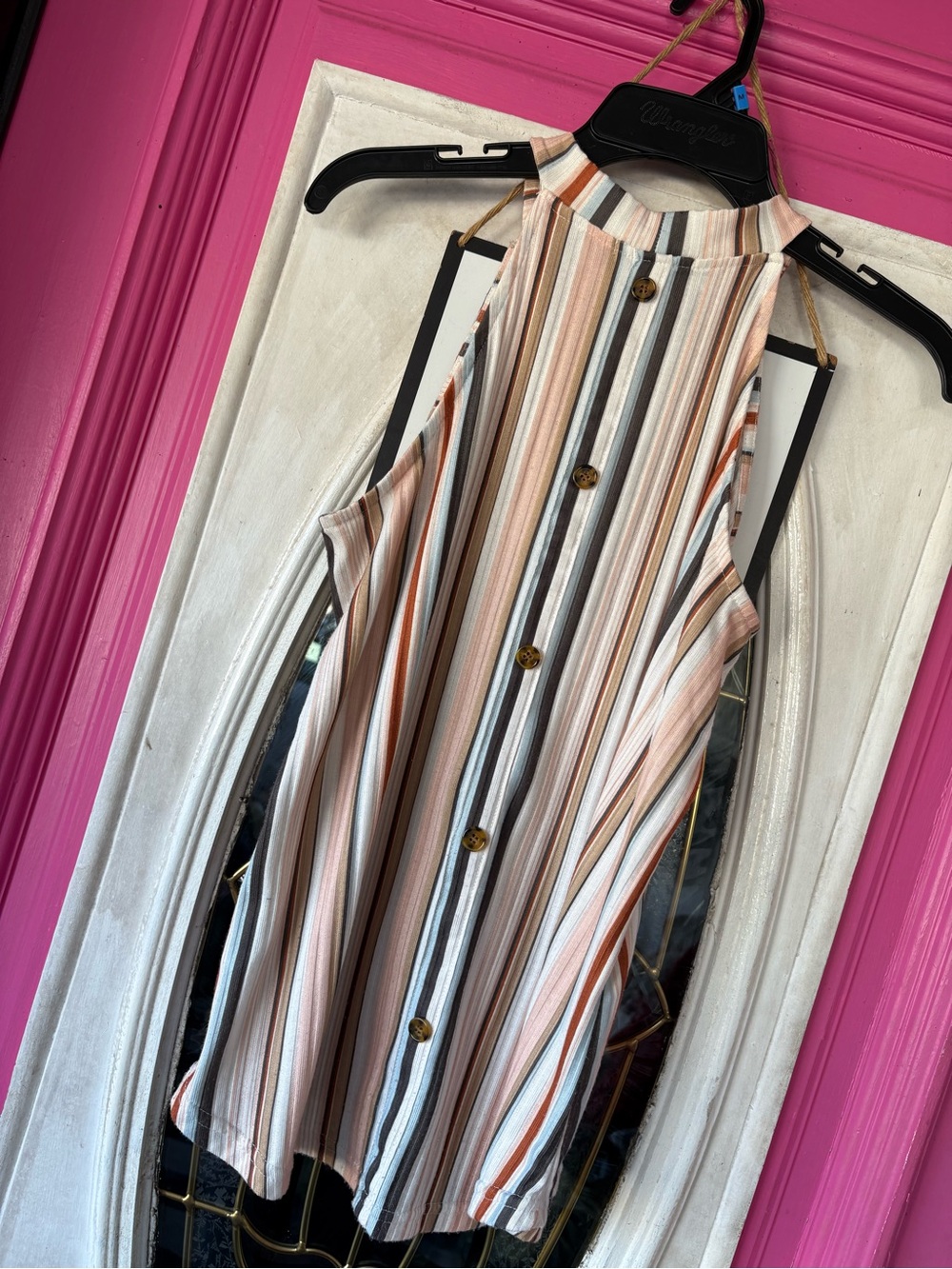 Aa Studio Vertical Striped Halter Button Tank - Peach, Cream, Gray & Rust